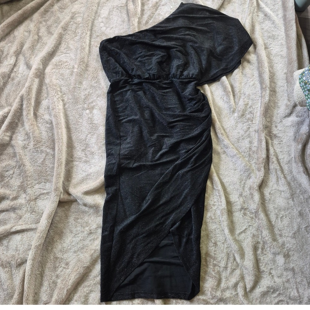 Mainstrip Womens Black Metallic One Shoulder Tulip Hem Midi Cocktail Dress M